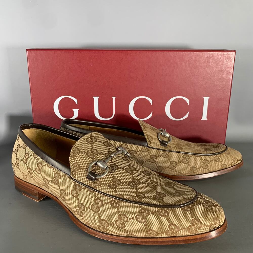 GUCCI Size 10.5 Brown Tan Monogram Canvas Loafers - Picture 11 of 12